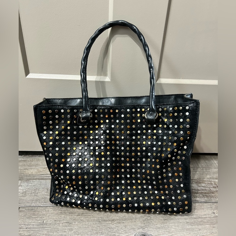 Patricia Nash Zancona Tote handbag featured with silver gold & bronze studs blk
